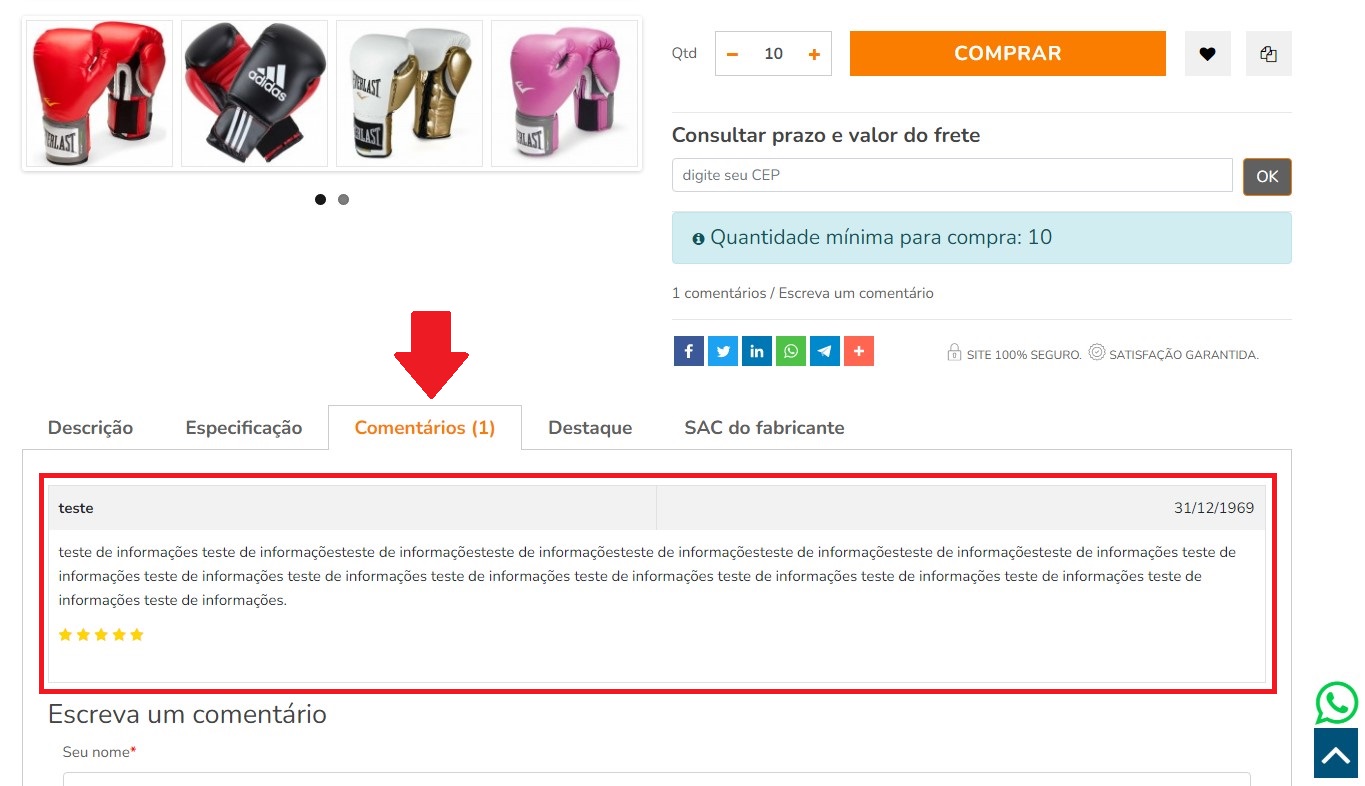 comentário na página de produto