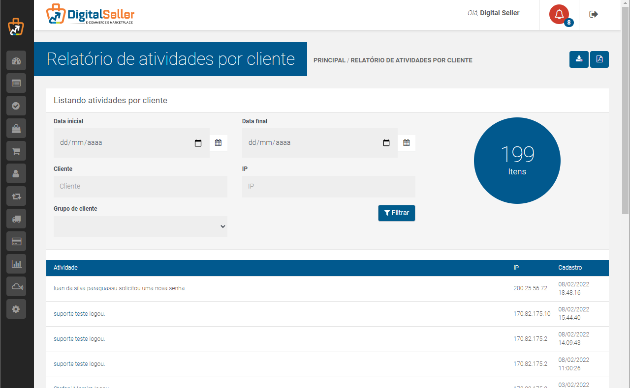lista de atividades de clientes.